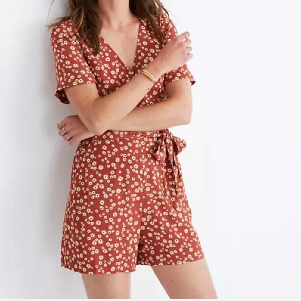 Madewell Rust Floral Tie-Waist Romper